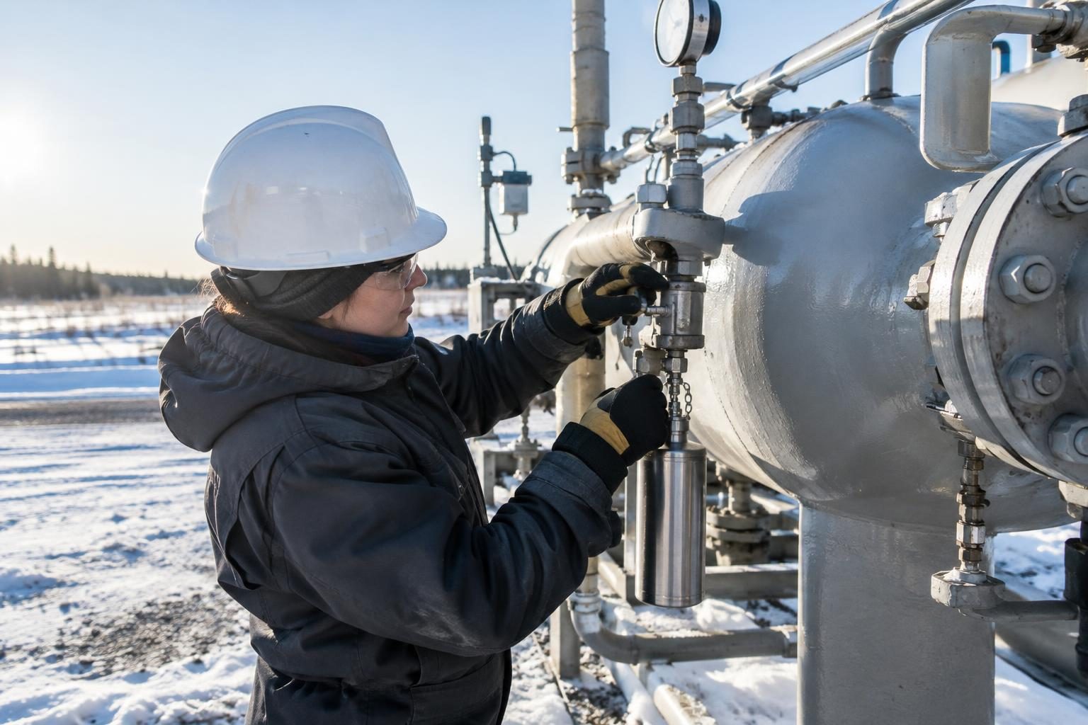 Technician connecting a sample cylinder at a wellsite