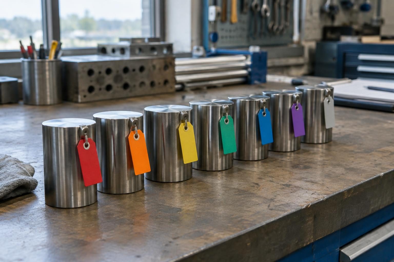Row of tagged sample cylinders on a bench